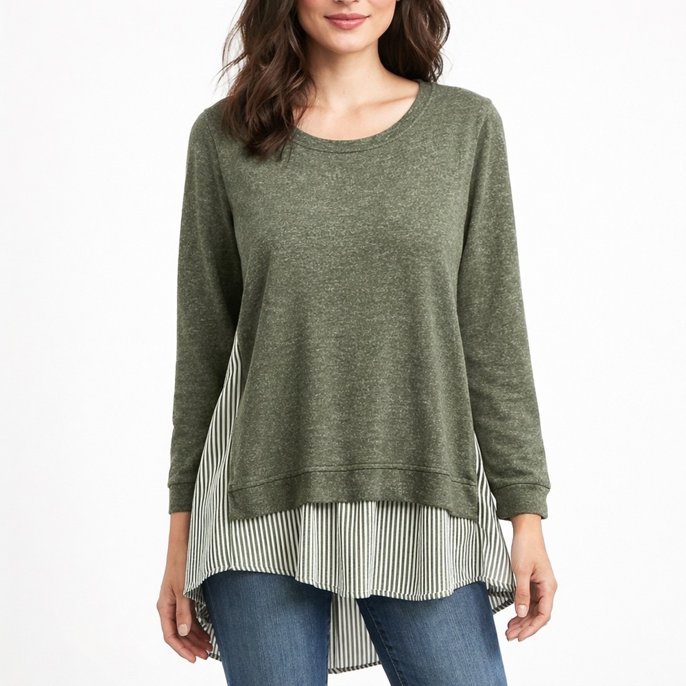 Hannah Olive Green Striped Contrast Hi Lo Tunic Top Size L